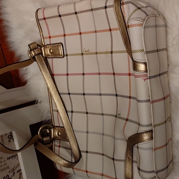 COACH 👜Peyton Tattersall Pocket Tote purse pink plum green w/ metallic trim - Picture 3 of 6